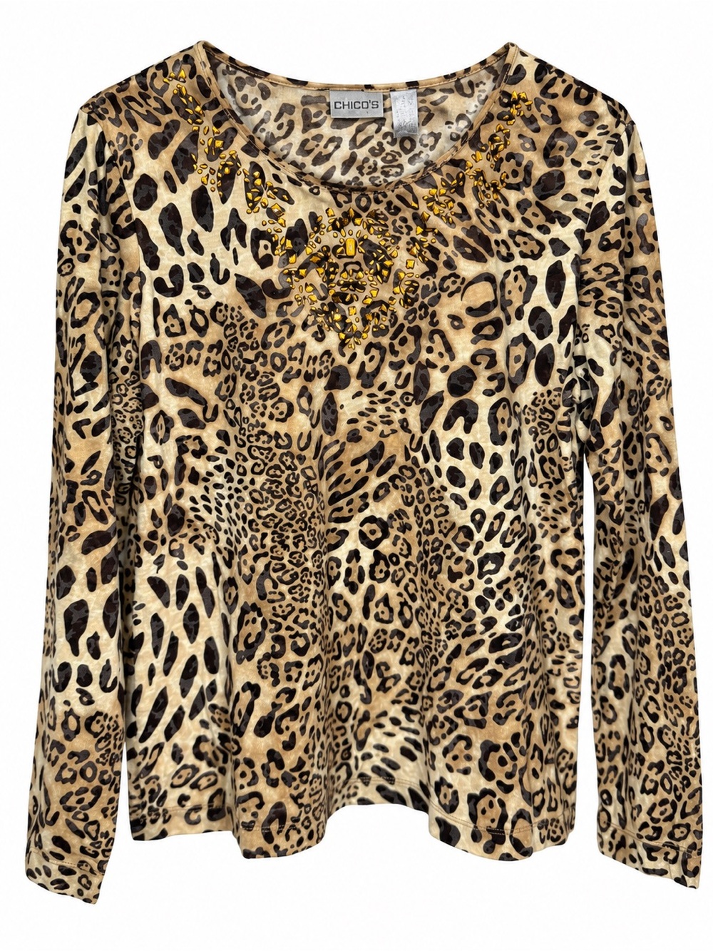 Chico’s Size 3 / XL Leopard Animal Print Rhinestone Long Sleeve Top